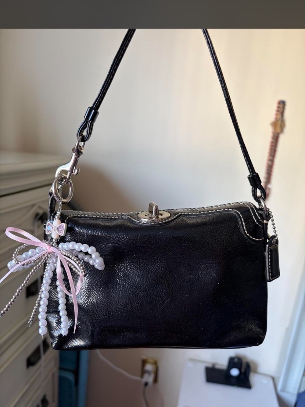 Coach Black Leather Wristlet with Pearl Bow Charm